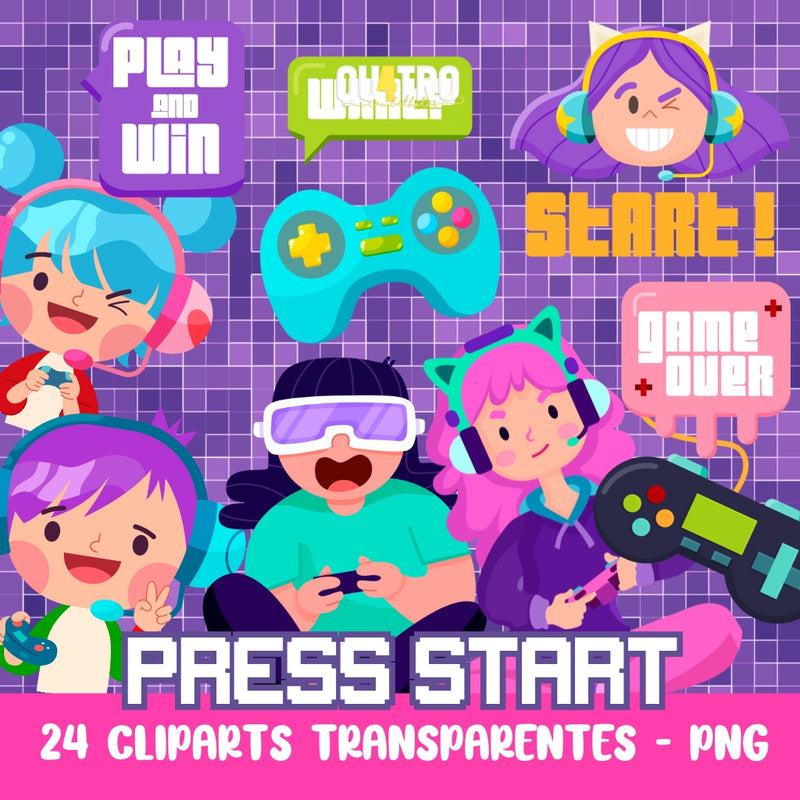 Cliparts Press Start – Kit Digital com 24 Ilustrações - Quatro Cambalhotas