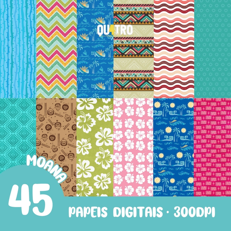 Moana - Kit com 45 Papéis Digitais - Quatro Cambalhotas