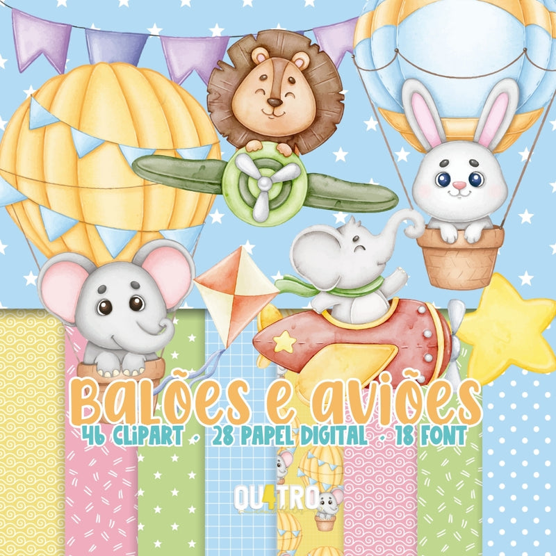 Balloons and Airplanes Digital Kit – Cliparts, Digital Papers and Fonts