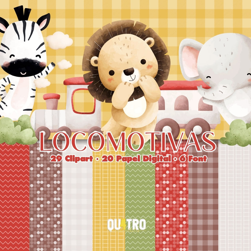 Locomotives Digital Kit – Cliparts, Digital Papers and Fonts