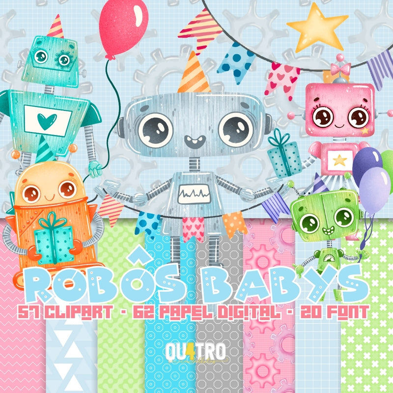 Baby Robots Digital Kit – Cliparts, Digital Papers and Fonts