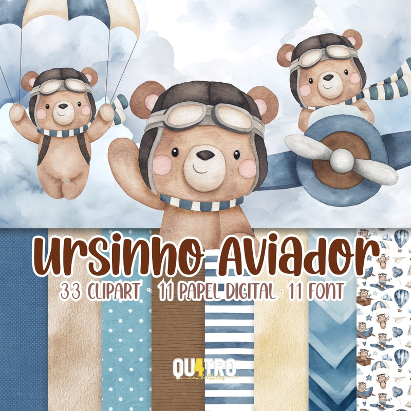 Kit Digital Osito de Peluche Aviador - Cliparst, Papeles Digitales y Fuentes