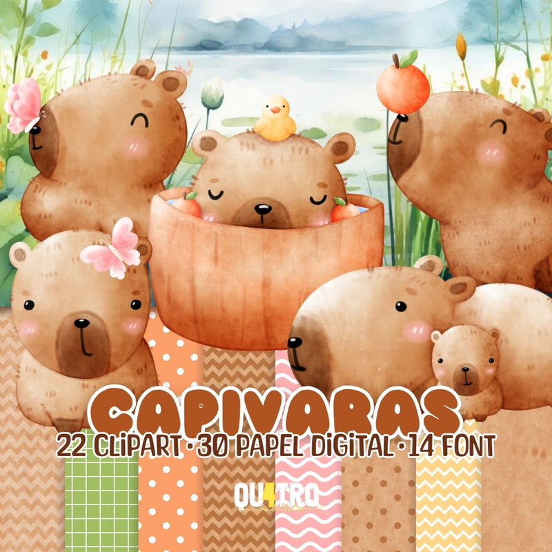 Kit Digital Capivara – Cliparts, Papéis Digitais e Fontes - Quatro Cambalhotas