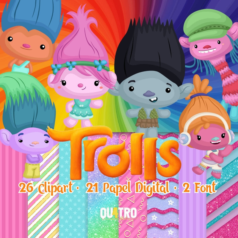 Trolls Digital Kit – Cliparts, Digital Papers and Fonts
