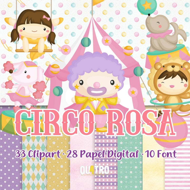 Kit Digital Circo Rosa: Cliparts, Papeles Digitales y Fuentes
