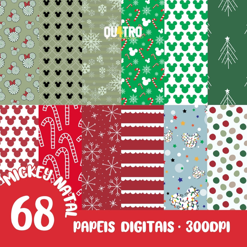 Natal do Mickey - Kit com 68 Papéis Digitais - Quatro Cambalhotas