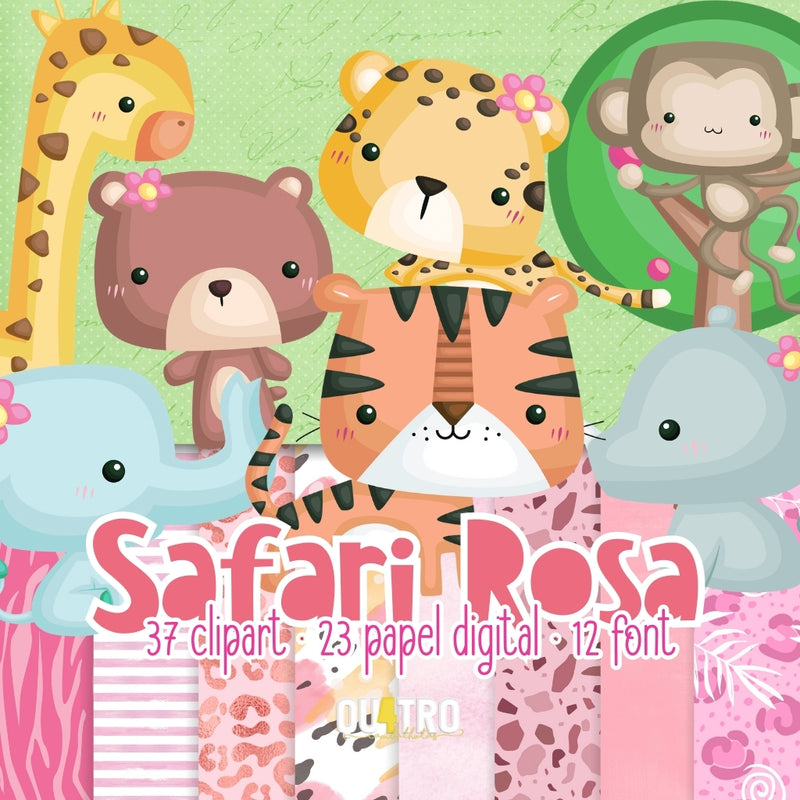 Kit Digital Safari Rosa: Cliparts, Papeles Digitales y Fuentes