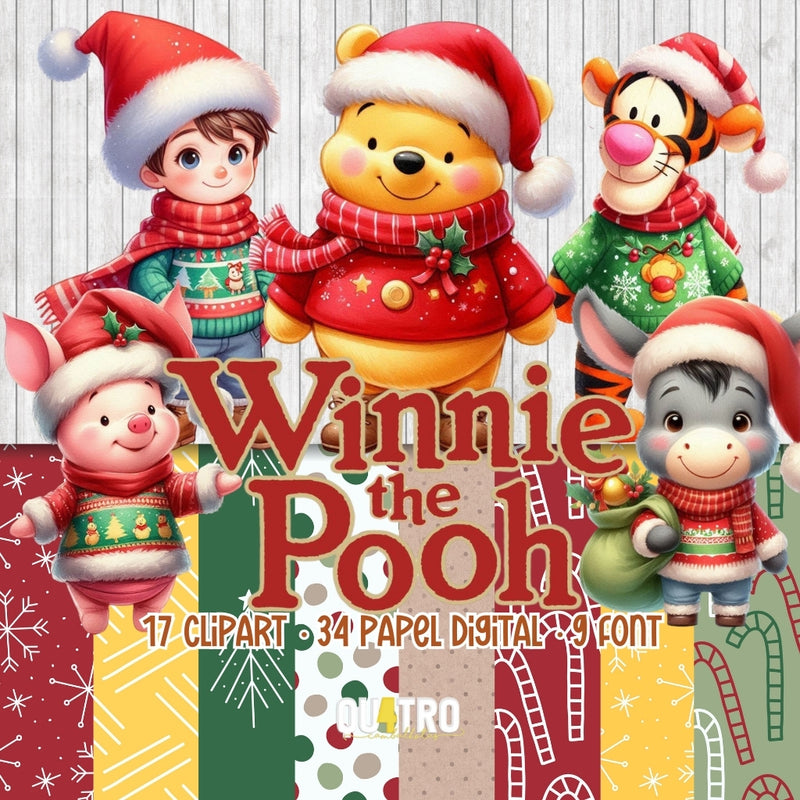 Kit Digital Natal Ursinho Pooh – Cliparts, Papéis Digitais e Fontes - Quatro Cambalhotas