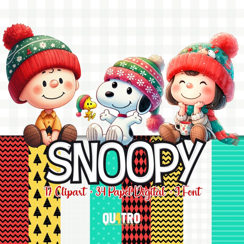 Kit Digital Natal do Snoopy – Cliparts, Papéis Digitais e Fontes