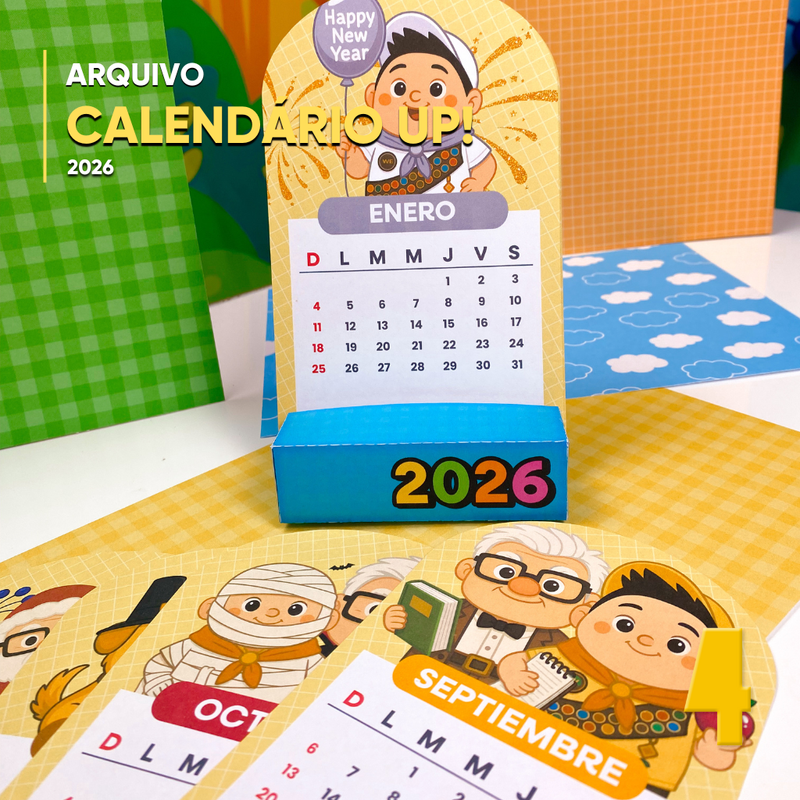 Detalhe frontal do Calendário UP mostrando ilustrações exclusivas, cores vibrantes e acabamento ideal para impressão e recorte