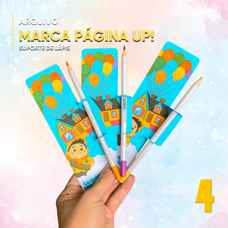 Detalhe frontal do marca páginas e suporte de lápis UP mostrando cores suaves, contornos delicados e estilo artesanal ideal para impressão e recorte