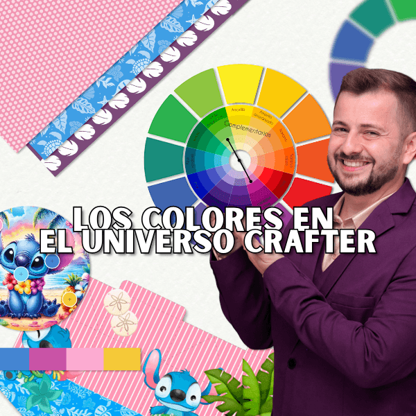 Banner promocional do Curso As Cores no Universo Crafter com design vibrante e foco em combinações, harmonia e psicologia das cores para projetos criativos