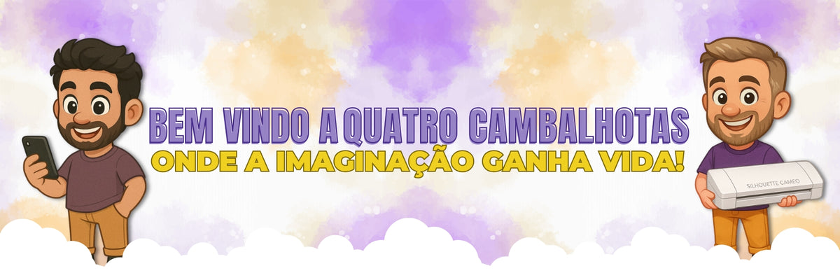  Banner de boas-vindas à Quatro Cambalhotas com design colorido e alegre, representando o universo criativo e acolhedor da marca