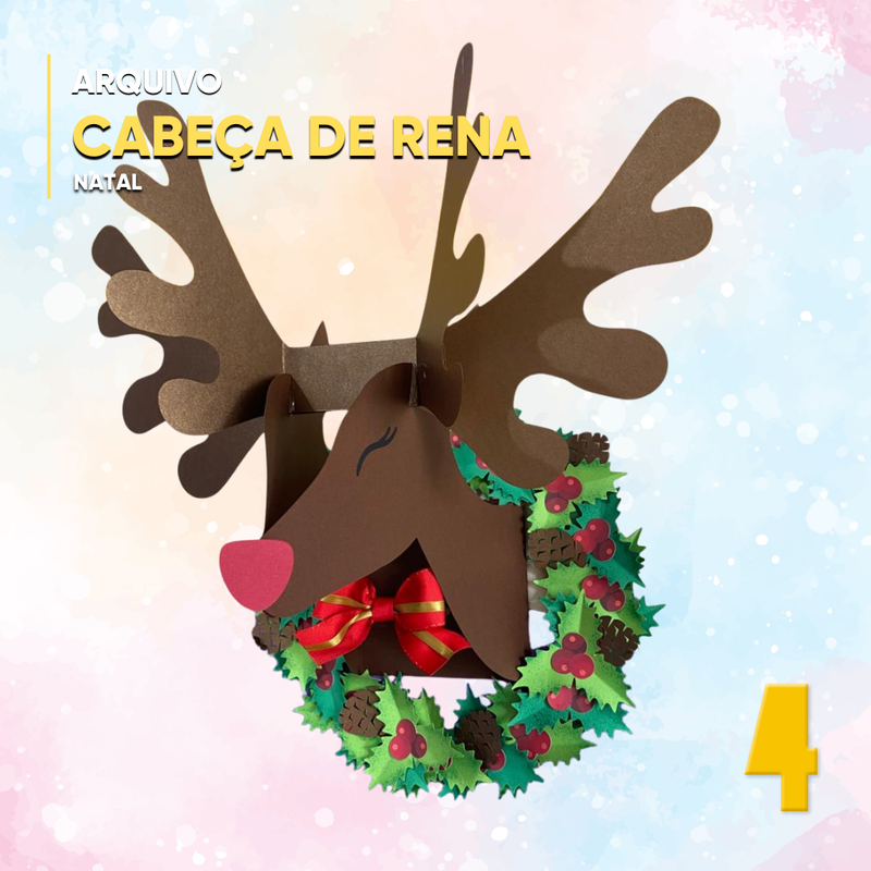 Detalhe frontal da Cabeça de Rena mostrando contornos suaves, expressão fofa e acabamento artesanal perfeito para montagem