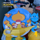 Detalhe frontal da caixa Aladdin mostrando recortes delicados e ilustrações do tapete mágico