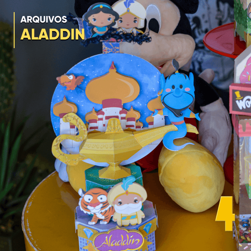 Vista lateral da caixa Aladdin com detalhes artesanais e cores vibrantes inspiradas na história
