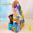 Detalhe frontal da caixa bolsa UP! Altas Aventuras mostrando recortes precisos e acabamento artesanal