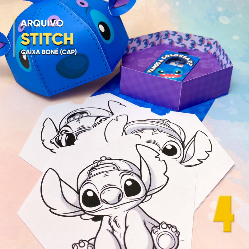 Detalhe superior da caixa boné de atividades Lilo e Stitch com elementos decorativos
