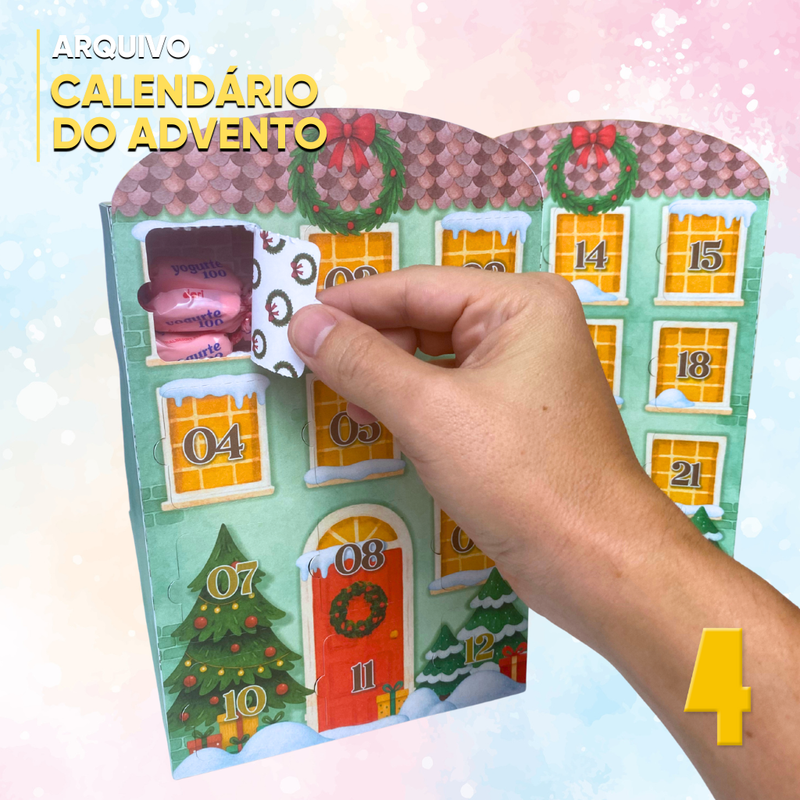 Detalhe frontal da Caixa Calendário do Advento mostrando recortes precisos e ilustrações festivas