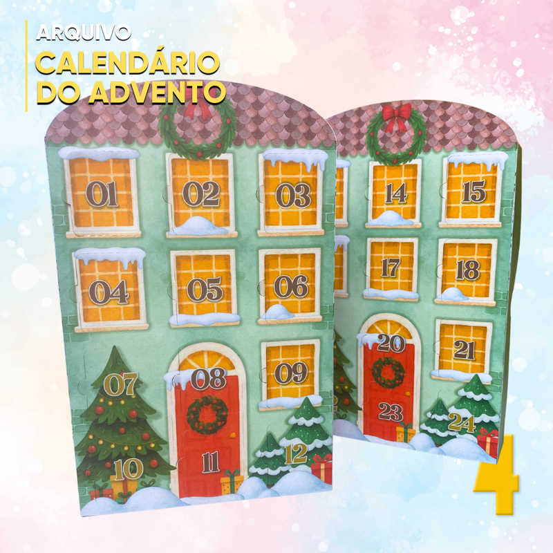 Vista lateral da Caixa Calendário do Advento com acabamento artesanal e cores tradicionais do Natal