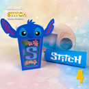 Detalhe frontal da caixa cinema Lilo e Stitch com ilustrações coloridas e recortes precisos