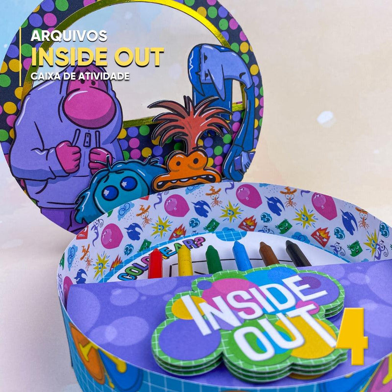 Caixa de atividades Divertida Mente aberta com interior temático e espaço para brincadeiras e lembrancinhas