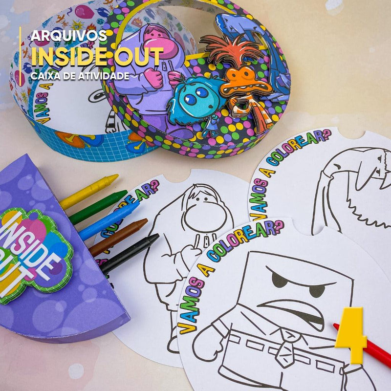 Detalhe frontal da caixa de atividades Divertida Mente com recortes precisos e acabamento artesanal