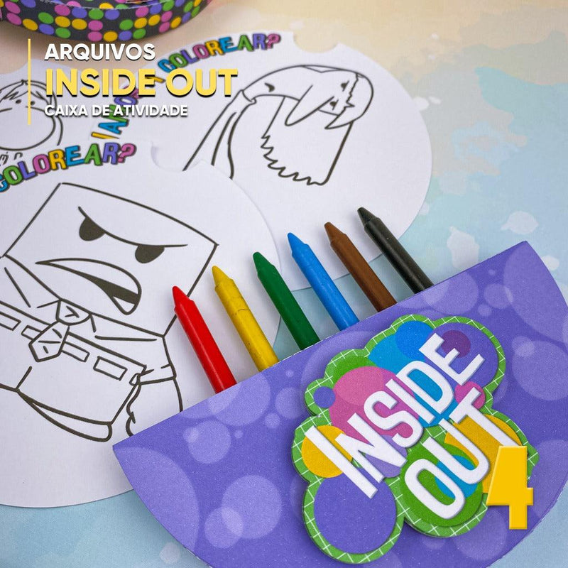 Vista lateral da caixa de atividades Divertida Mente mostrando os personagens e o design criativo