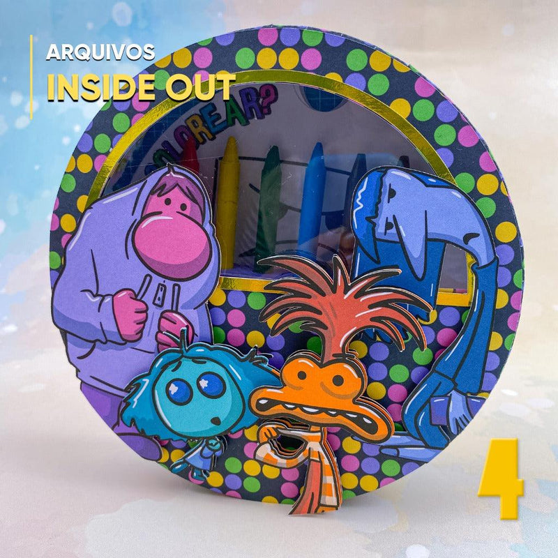 Caixa de atividades Divertida Mente personalizada com design colorido inspirado nas emoções do filme