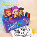 Vista lateral da caixa de colorir Guerreiras do K-Pop mostrando o acabamento artesanal e cores vibrantes