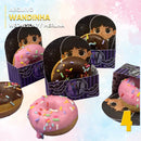 Caixa de donuts Wandinha personalizada com tema sombrio e design elegante em papelaria criativa