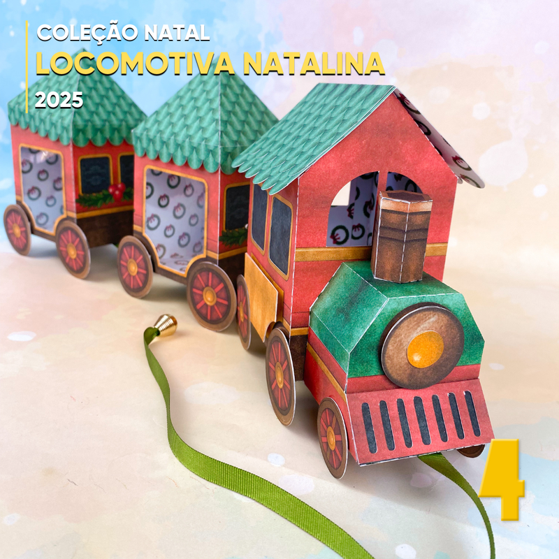 Detalhe frontal da Caixa Locomotiva de Natal mostrando recortes precisos, janelas e enfeites natalinos