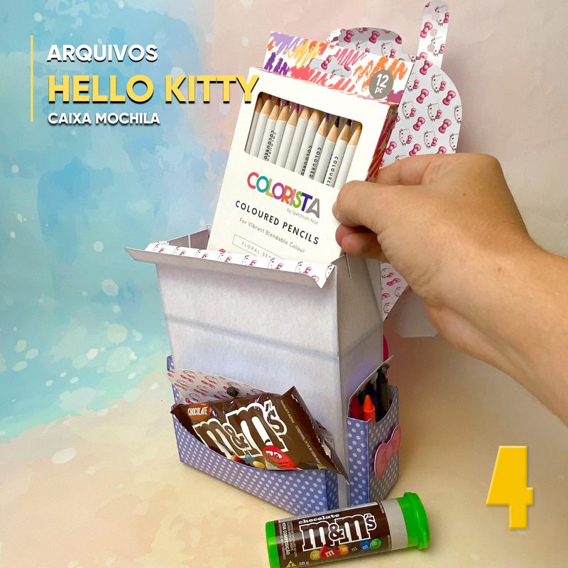 Caixa mochila Hello Kitty aberta, ideal para lembrancinhas e pequenos presentes