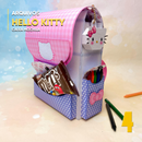 Vista lateral da caixa mochila Hello Kitty mostrando os recortes e alças decorativas