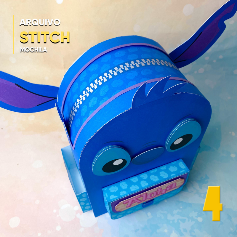 Caixa mochila Lilo e Stitch aberta, ideal para lembrancinhas e pequenos presentes