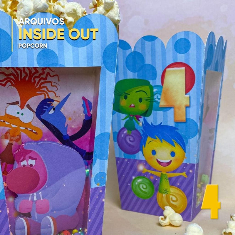 Detalhe frontal da caixa pipoca Divertida Mente mostrando recortes precisos e acabamento artesanal