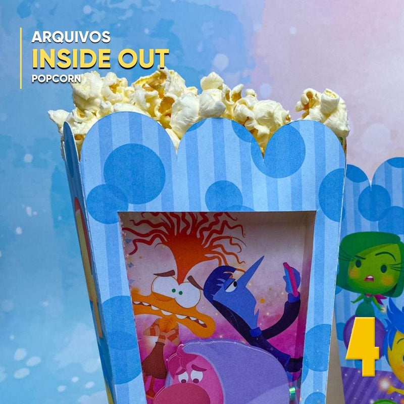 Vista lateral da caixa pipoca Divertida Mente com ilustrações vibrantes das emoções