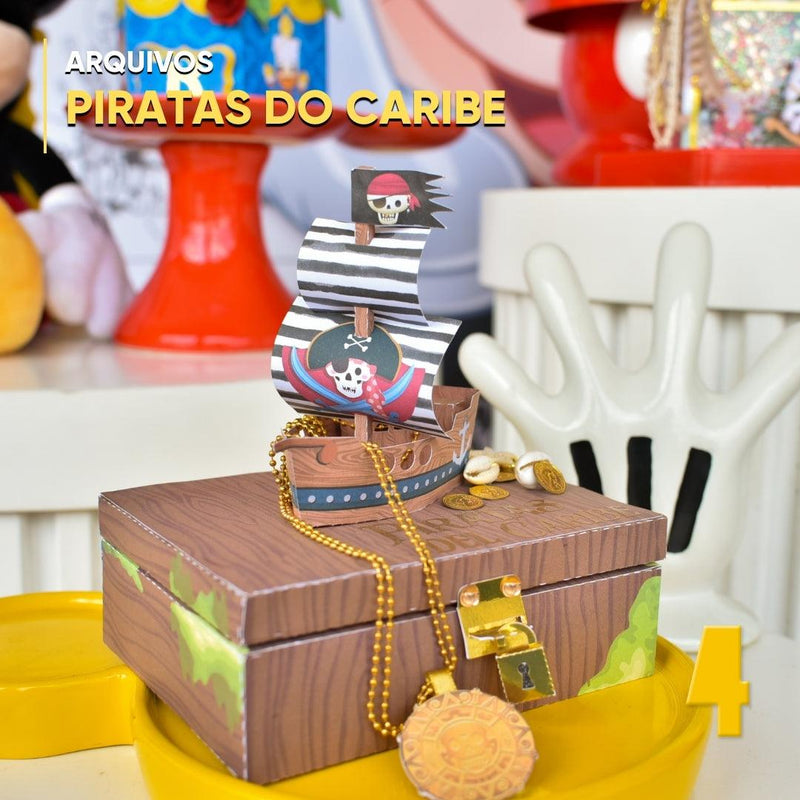 Caixa Piratas do Caribe personalizada com tema de aventura e design inspirado no famoso filme