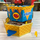 Detalhe superior da caixa Plim Plim destacando o fecho e o acabamento colorido