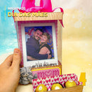 Vista lateral da caixa porta-retrato mostrando o acabamento artesanal