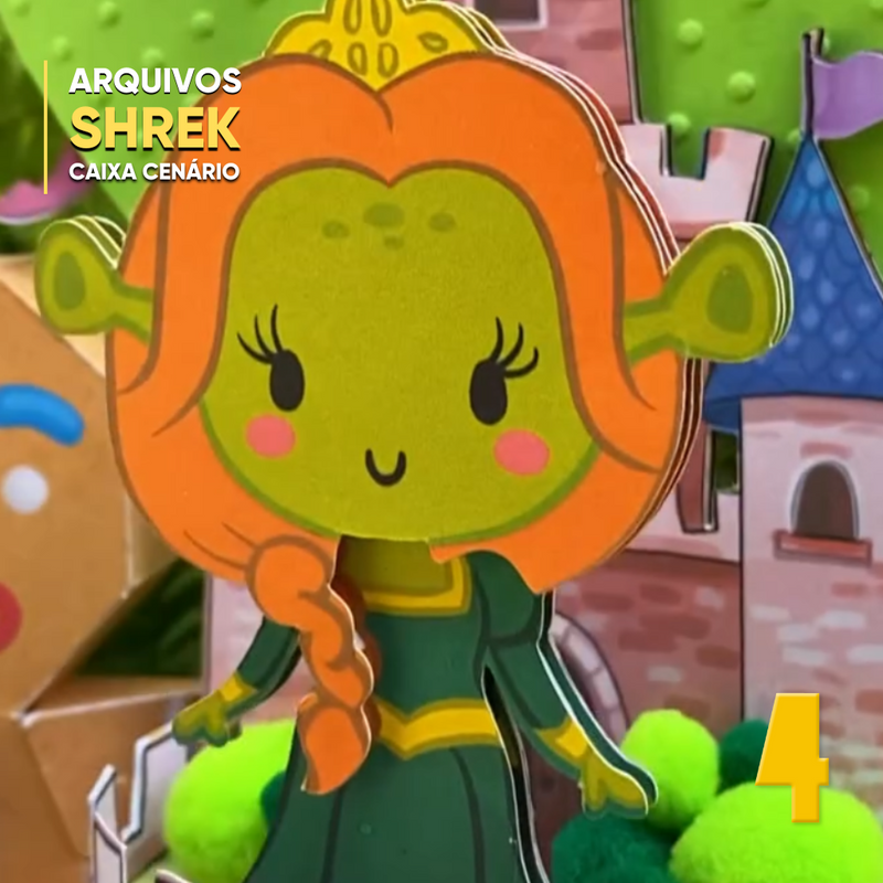 Caixa Shrek aberta com interior decorado e espaço para lembrancinhas divertidas