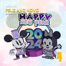 Caketopper Ano Novo Disney com personagens clássicos e design festivo para decoração de bolos