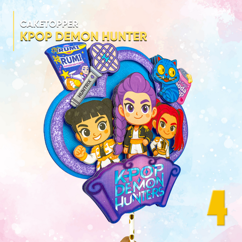 Detalhe frontal do Caketopper Guerreiras do K-Pop mostrando recortes precisos e acabamento artesanal