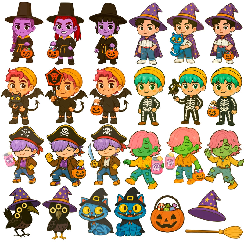 Conjunto completo das ilustrações do Kit Digital Halloween Guerreiras do K-Pop em alta resolução