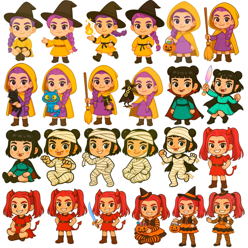 Elementos decorativos de Halloween como abóboras, morcegos e poções incluídos no Kit Digital