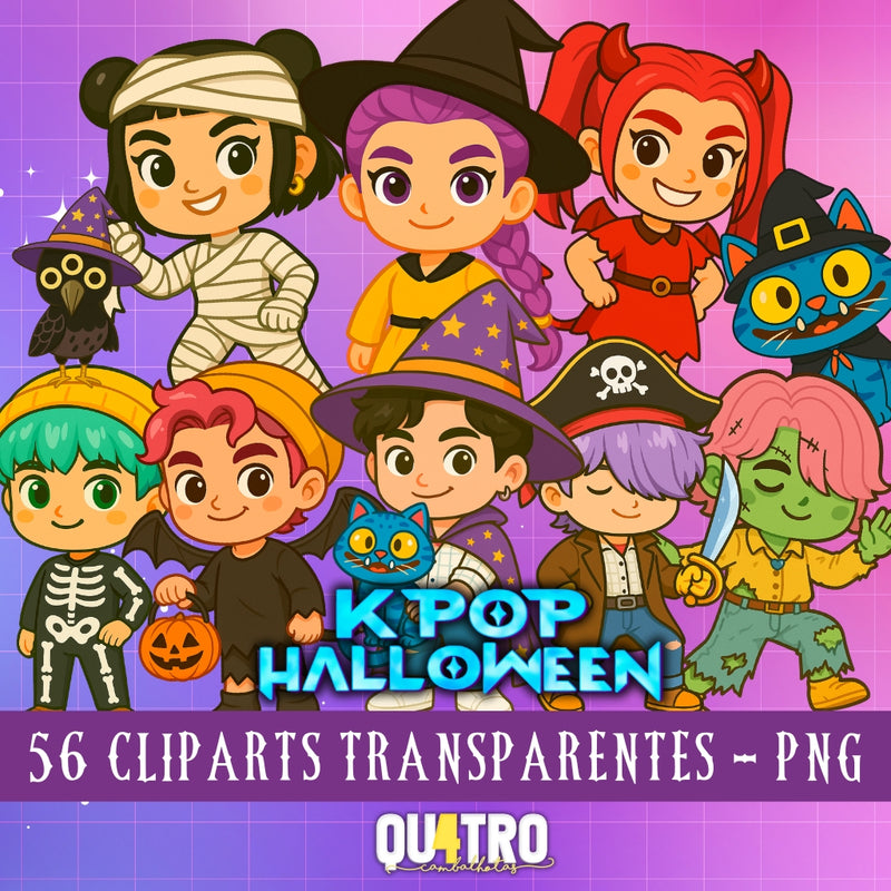 Kit Digital Halloween Guerreiras do K-Pop com 56 ilustrações exclusivas em estilo temático de Halloween