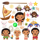 Elementos decorativos do Kit Digital Moana como flores, conchas, barcos e símbolos tribais