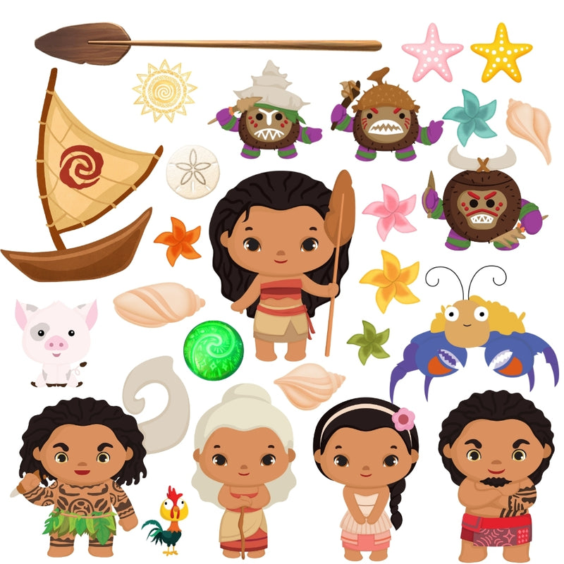 Elementos decorativos do Kit Digital Moana como flores, conchas, barcos e símbolos tribais