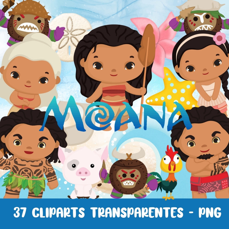 Kit Digital Cliparts Moana com 37 ilustrações exclusivas inspiradas na personagem e no oceano tropical