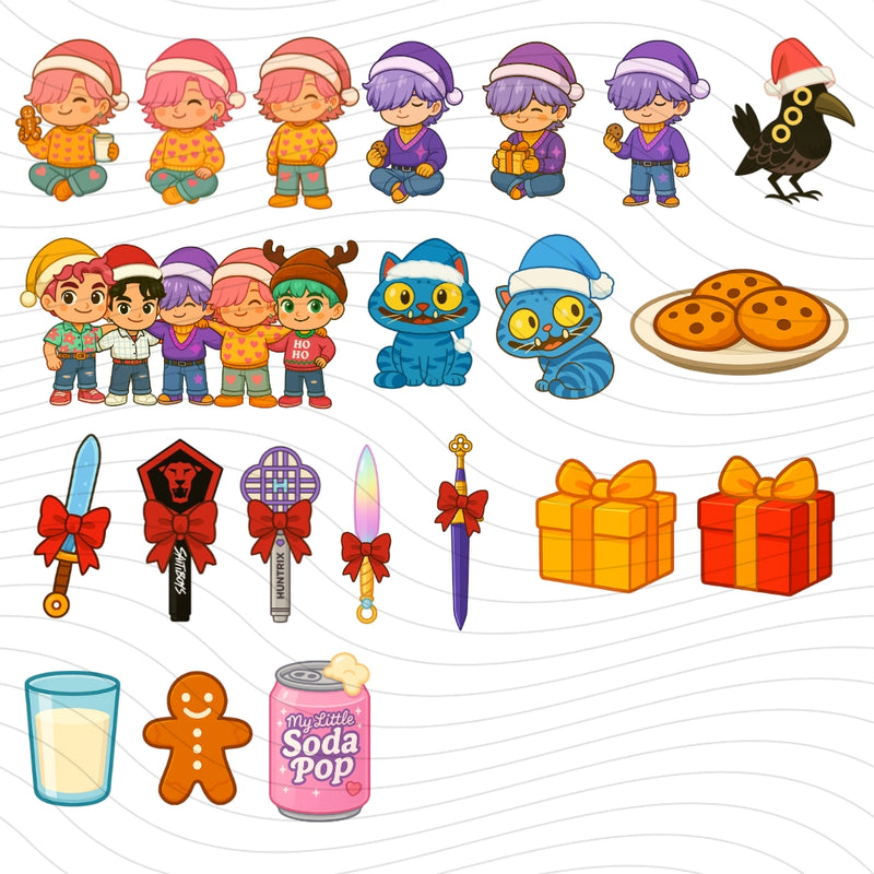 Conjunto completo das ilustrações do Kit Digital Natal Guerreiras do K-Pop em alta resolução para projetos criativos
